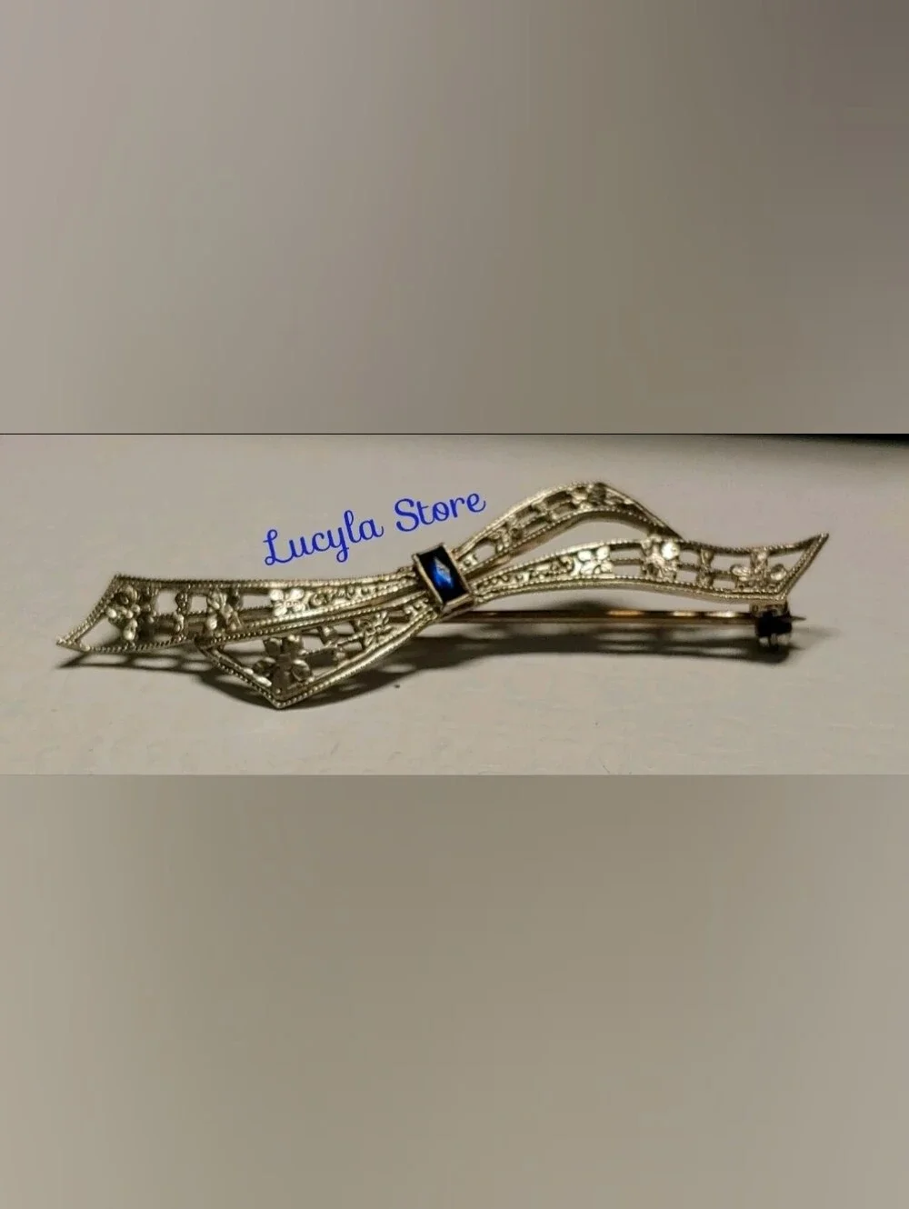Vintage Sterling Silver 925 ART DECO Blue Rhinestone Bow Brooch /Pin hallmark